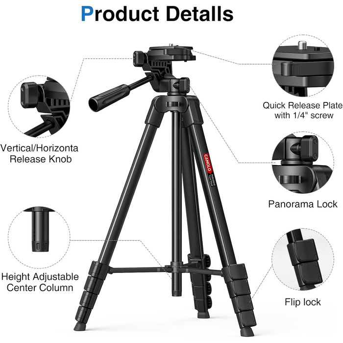 Штатив для камери CAMOLO 67' з сумкою: для фото та відеозйомки, YouTube, Vlogging, DSLR, Android, iPhone