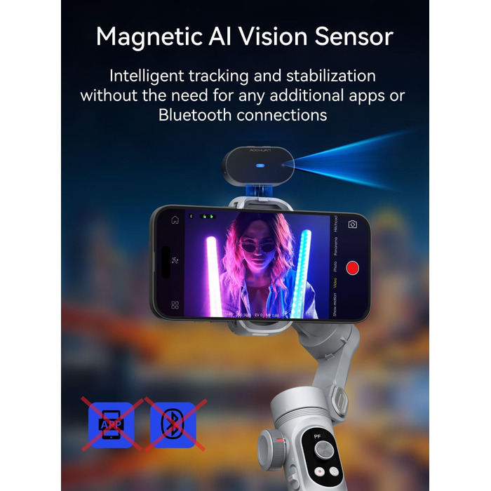 Стабілізатор для смартфона AOCHUAN 3-осьовий з RGB-підсвічуванням, для iPhone/Android, з функцією відстеження обличчя, сірий (Smart X Pro AI)