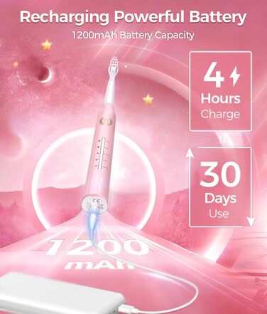 Звукова зубна щітка Schallzahnbürste для дорослих, 8 насадок, 40 000 VPM, 5 режимів, до 30 днів роботи, швидка зарядка, водонепроникна IPX7 (Рожева)