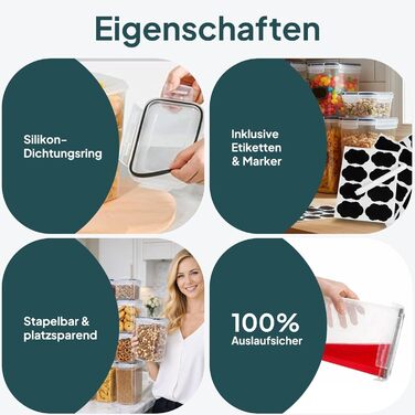 Набір контейнерів для зберігання Uandu з кришкою, 24 шт. BPA Free, для кухні: мюслі, борошно, цукор, з ручкою та етикеткою чорного кольору