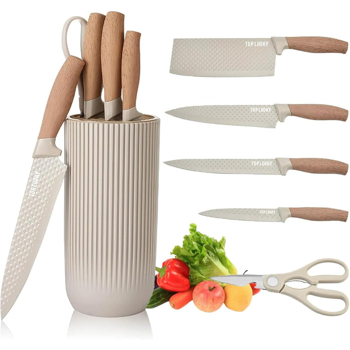 Набір кухонних ножів, 6 предметів: гострі ножі з нержавіючої сталі з антипригарним покриттям, набір для кухні з підставкою (Хакі)