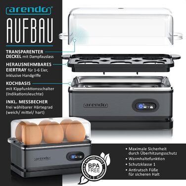 Набір Arendo: чайник, тостер та яйцеварка, нержавіюча сталь, сірий, 1.5л, 40-100°C, 4 тости, LED-дисплей, 6 рівнів підсмажування, для 1-6 яєць