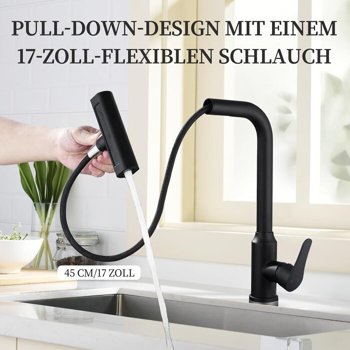 Кухонний змішувач водопровідний висувний з душем, 360° поворот, 4 режими, з нержавіючої сталі, чорний