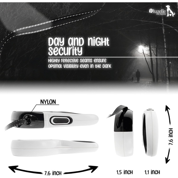 Рулетка для собак середніх та великих (до 50 кг) з відбиваючими смугами, надійний гальмо, поворотний карабін, нейлоновий ремінь, ергономічна ручка, розмір L