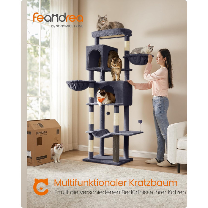 Дім для кота Feandrea, 175 см, XL, багатоярусний, з 2 печерами, 2 лежаками, 5 стовпчиками для дряпання, щіткою для котів, великою платформою, PCT182G01 (XXL, 59 x 48 x 190,7 см, темно-сірий)