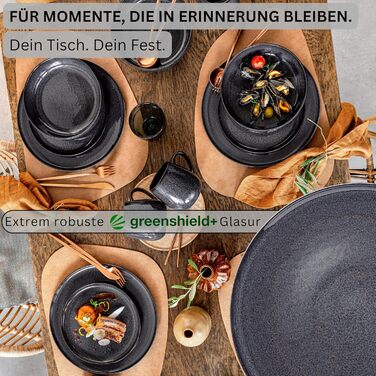 SÄNGER | Bali 24-Piece Dinner Set, Tableware Set for 8 People, Stoneware Plates, Dinnerware Set including Dinner Plates, Dessert Plates & Deep Plates, Dinner Plates, Table Service Dark Gray with Dark Grain. Bali Tableware Set 24 pcs.