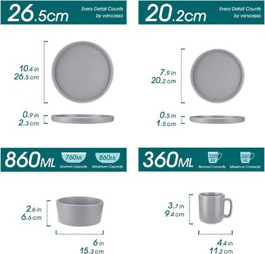 Набір посуду Vancasso SESAM Serie Steingut (16 предметів) для 4-12 осіб – тарілки, миски, чашки, скандинавський дизайн, темно-сірий, біло-сірий, блакитний, зелений