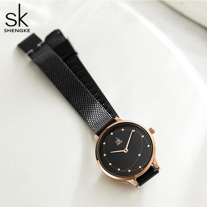 Жіночий наручний годинник SHENGKE, кварцовий, сталевий мілланський плетіння (Mesh), елегантний стиль, чорний