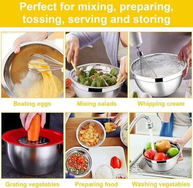 Набір місок з нержавіючої сталі 5 шт. з кришками – 4.5L/2.7L/1.6L/1.1L/0.7L – з 3 тертками, неслизькі та стіклі, придатні для миття в посудомийній машині для кухні та випічки