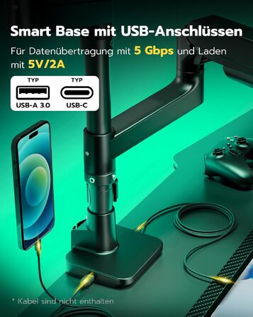 Кронштейн для двох моніторів ARES WING (17-49 дюймів) з USB, вертикальний підвіс один над одним, регулювання висоти, VESA 75/100, до 20 кг на руку, чорний