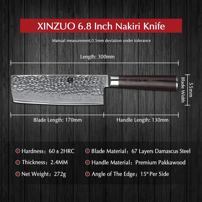 XINZUO ніж Nakiri з дамаської сталі 17 см, професійний кухонний ніж з ергономічною ручкою Pakkaholz, серія He, 67 шарів дамаської сталі