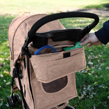 Візок для тварин Monster Shop з сумкою, знімний, складний, вантажопідйомність 15 кг, колеса, гальма, сітчасте вікно, кошик, тримач для напоїв, кишені та водовідштовхуючий дощовик (Бежевий)