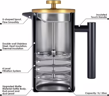 Enfmay French Press Coffee Maker 1L, Stainless Steel Coffee Maker, Portable Coffee Maker with Filter, Double-Walled Insulated French Press, for Travel, Camping, with 100ml Coffee Canister, Black 1000ML Black