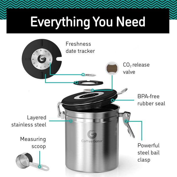 Контейнер для кави Coffee Gator з нержавіючої сталі, герметичний, з датчиком дати та CO2-вентилем, мірна ложка, для кавових зерен, кавової гущі, горіхів, чаю, цукру, борошна, сріблястий
