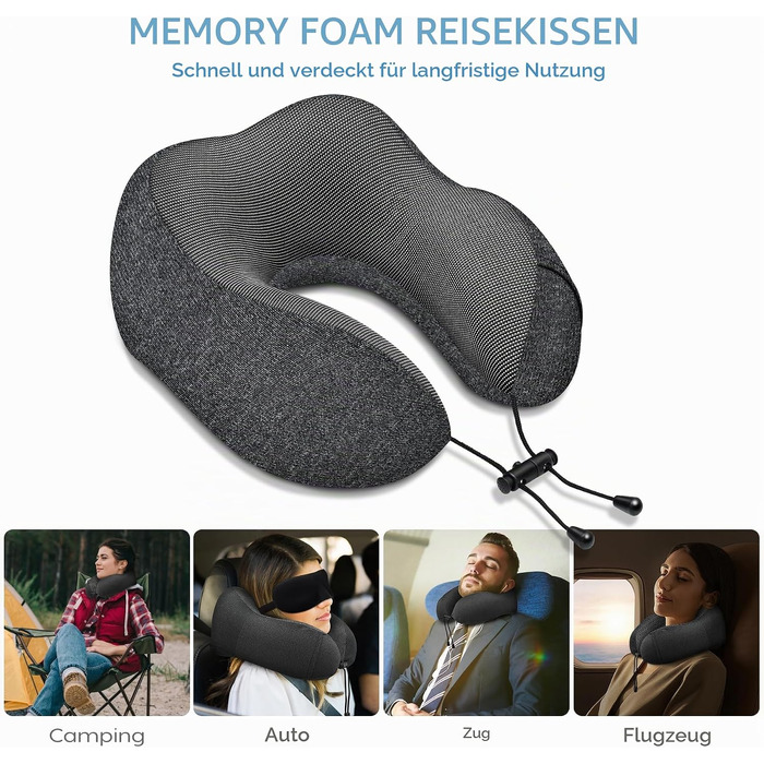Подушка для подорожей під шию з ефектом пам'яті (Memory Foam) з маскою для сну 3D та берушами, сіра — ідеальна для літака, авто та офісу