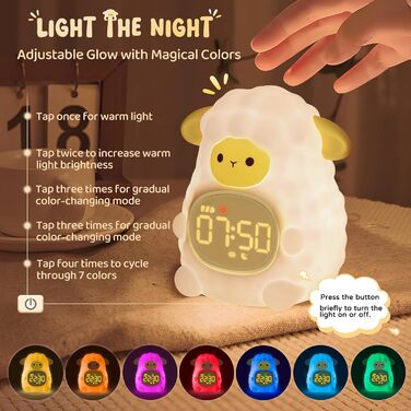 Alarm clock with night light for children, featuring sleep training and sound machine functions, rechargeable silicone wake-up lamp, cute animal table lamp, perfect sleep companion for boys and girls.
