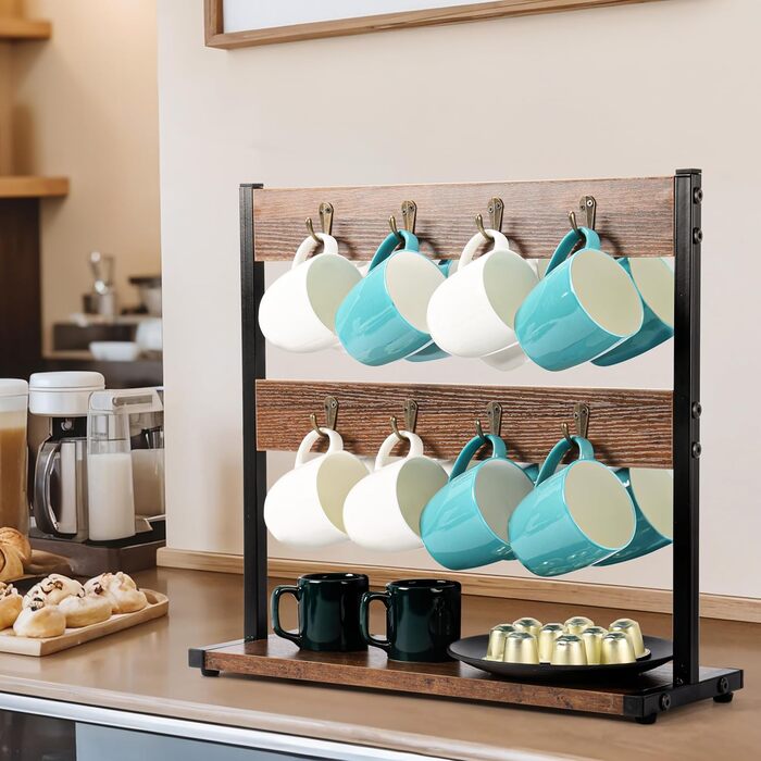 BELLE VOUS Wooden Mug Tree - Vintage Coffee Bar - Mug Holder with 16 Hooks - Mug Shelf - Pretzel Stand Wood - Kitchen Organization - Mug Stand - Cup Holder - Coffee Bar
