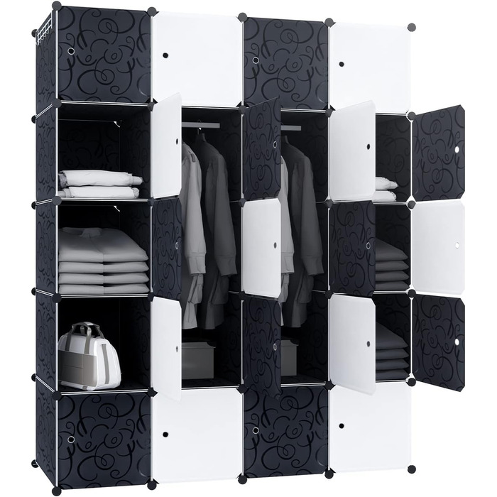 HENGMEI DIY Closet Wardrobe Storage Rack Shelf System 12-Cube Organization System Shoe Rack Closet with Door (Black) (20 Boxes)