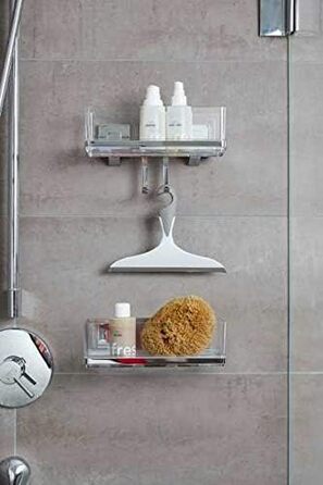 WENKO Vacuum-Loc Bathroom Wall Shelf Quadro with Hooks, 2 Tiers, with Removable Bowl, Mounting without Drilling, Stainless Steel/Plastic, 25.5 x 15 x 14 cm