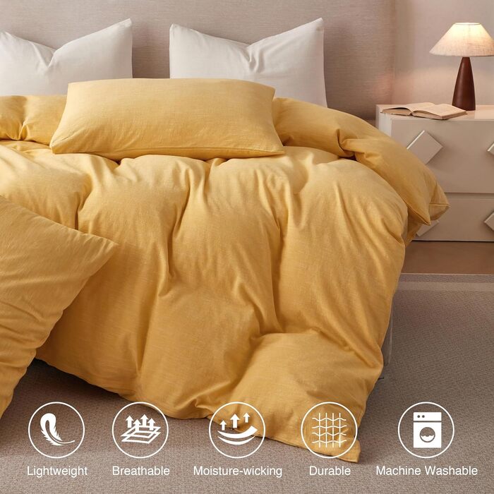 Комплект постільної білизни BFS HOME King Size (240x220 см) з бавовни та льону, 3-частинний, пісочного кольору, дихаючий, для комфортного сну