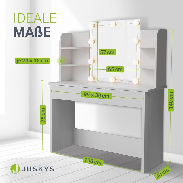 Косметичний стіл Juskys Bella з LED підсвічуванням, дзеркалом, шухлядою та 4 полицями, 108x40x140 см, білий, дерев'яний туалетний столик