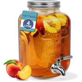 HEFTMAN Glass Drink Dispenser with Tap – 3.7 Liter Mason Jar Drink Dispenser with Leak-Proof Stainless Steel Spout & Ice Cylinder Refrigerator Water Dispenser, Punch, Cocktails, Empty Drink Dispenser