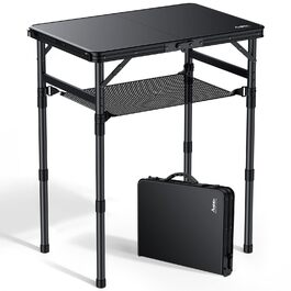 Складний кемпінговий стіл Anbte 58x40 см, алюмінієвий каркас, чорний пластиковий стіл з регульованою висотою (26/48/70 см) для пікніка, саду, балкону з сіткою для зберігання