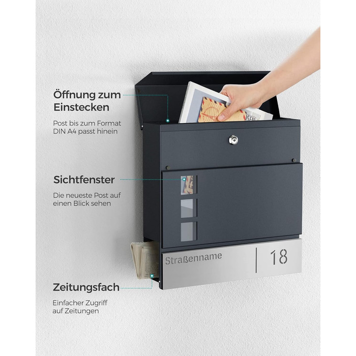 Поштовий ящик SONGMICS з персоналізованим гравіюванням, номерний знак, сучасний антрацитово-сріблястий, з замком та вікном для газет