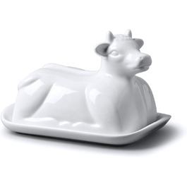 WM Bartleet & Sons 1750 Traditional Porcelain Butter Dish with Lid, Cow Design, 19 cm, White