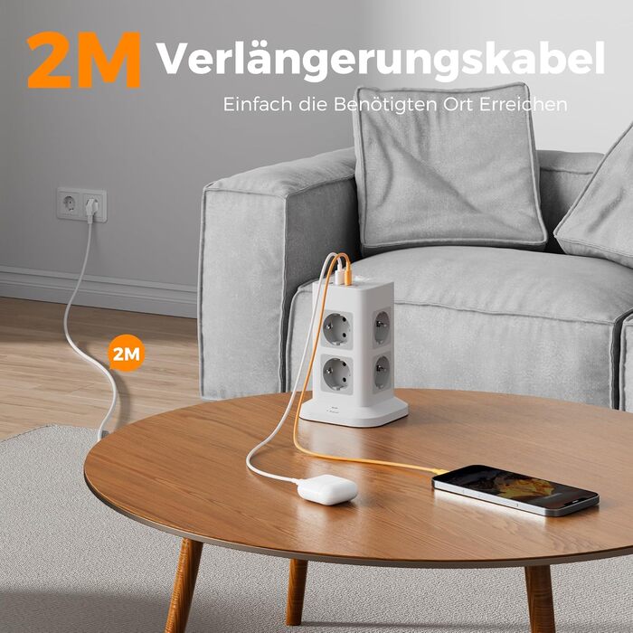 Розподільник розеток TESSAN з 8 розеток, 2 USB-C, захистом від перенапруги, 4 USB, вимикачем та кабелем 2м (сірий/білий)