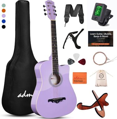 Акустична гітара ADM 38 дюймів для початківців: повний стартовий набір з онлайн-уроками, кейс, ремінь, медіатор, каподастр та підставка