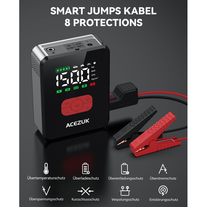 Powerbank Starthilfe 7000A з компресором 150PSI для автомобілів, LED-ліхтарик, 12V