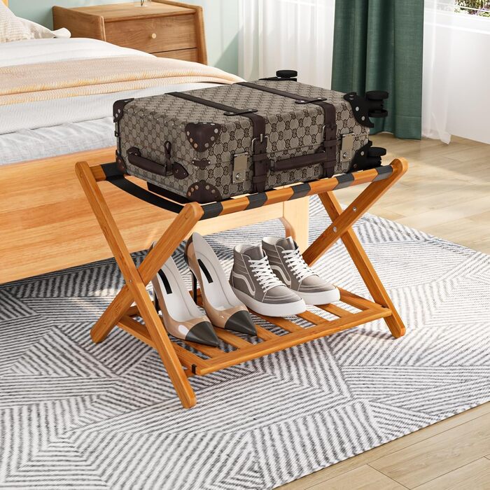 Fully assembled white luggage rack, enhanced bamboo, foldable suitcase stand with 5 nylon straps, luggage holder with shelf for guest rooms, hotel (white luggage rack, 1 piece) (honey, 1 piece)