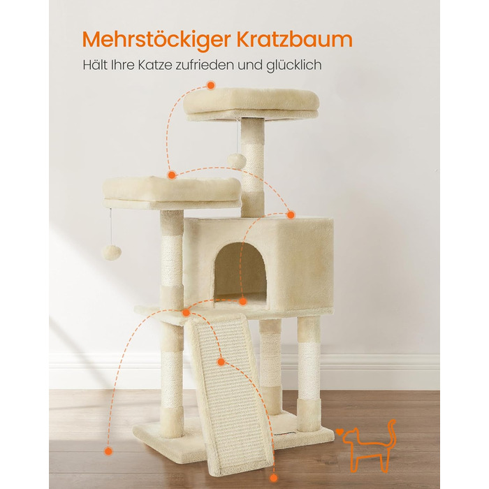 Драбина-кіготь Feandrea для котів, 115 см, бежева, з платформою та м'яким плюшем, повністю обмотана сизалем, PCT141W01