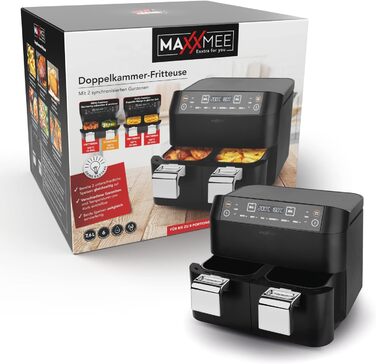 MAXXMEE аерофритюрниця з двома кошиками 7,6 л, цифрова, 2400 Вт, 6 програм, одночасне приготування двох страв