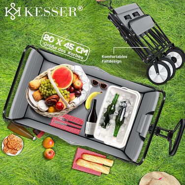 KESSER® Folding Bollerwagen (Hand Cart, Transport Cart) - Max. 150kg Load Capacity & 360° PVC Tires - Utility Wagon including 2 Mesh Bags, Side Pocket & Cover - Transport Cart, Garden Trailer without Roof, Blue (Grey / Black)