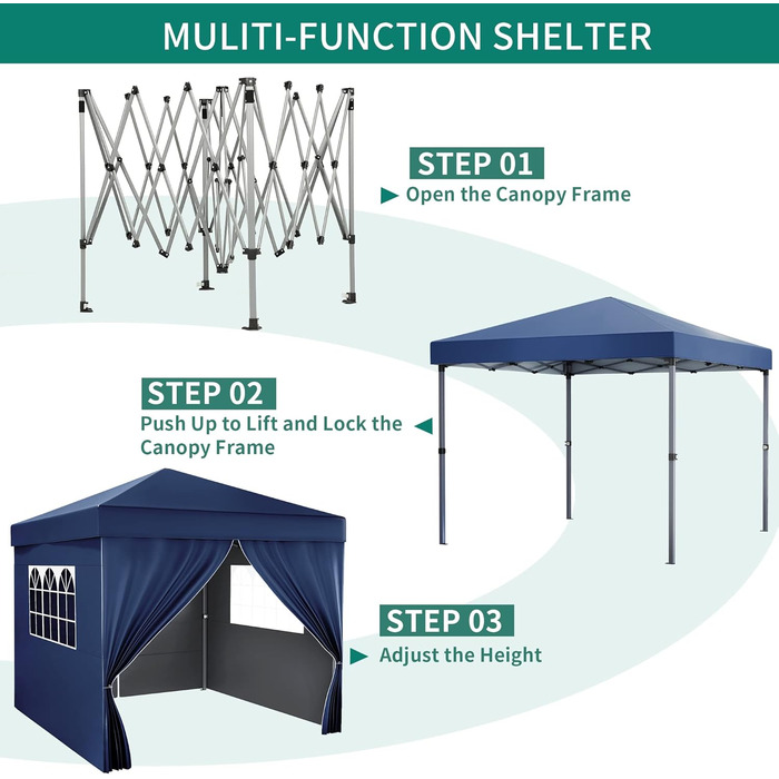 YITAHOME Outdoor Pop-Up Gazebo with Sides, Folding Gazebo, Waterproof Foldable Garden Gazebo for All Seasons, Camping Gazebo, Anti-UV with Free Adjustable Height for Parties, Markets (Blue, 3x3 Meters)