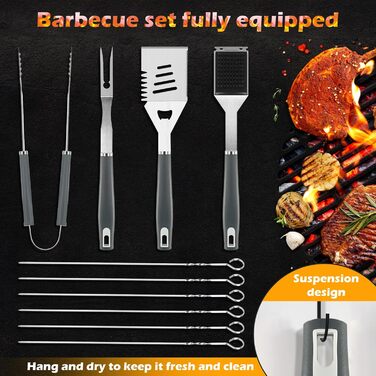 Набір аксесуарів для гриля Premium Grillzubehör Set 10-teilig Edelstahl Rostfrei - 10 предметів з нержавіючої сталі: шпатель, щипці, виделка, щітка для чищення. Для гриля, BBQ, кемпінгу, саду. Міцний набір для гриля.
