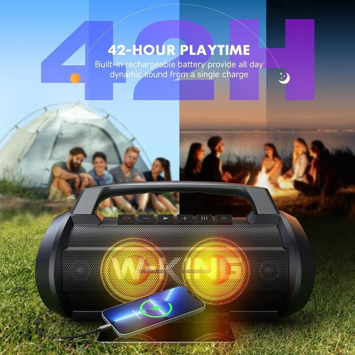 W-KING Bluetooth колонка 120W з басом 70W, портативна Party-Box IPX6, 42 год, BT 5.4, DSP, EQ, стерео, RGB, для кемпінгу, пляжу, саду, вечірок, чорна