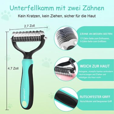 Щітка для собак і котів, самоочисна, для вичісування підшерстка та відмерлого волосся, ідеальна для довгошерстих та короткошерстих порід, делікатна до шкіри, зменшує випадіння шерсті, синя (зелена - набір 5 в 1)