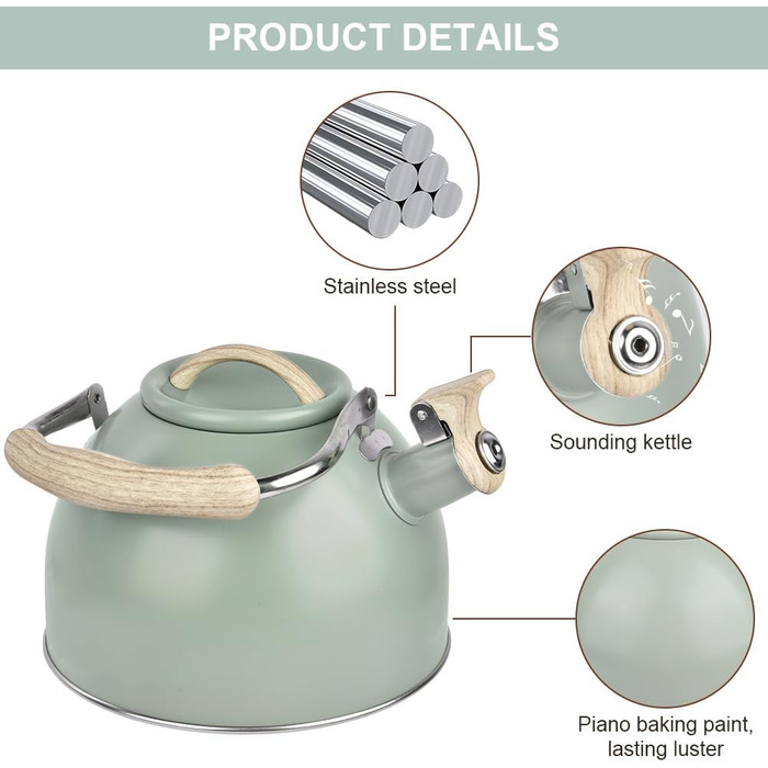 Чайник-заварник Flintronic з нержавіючої сталі, 3л, з дерев'яною ручкою, для всіх плит, чайник-заварник для чаю та кави (зелений)