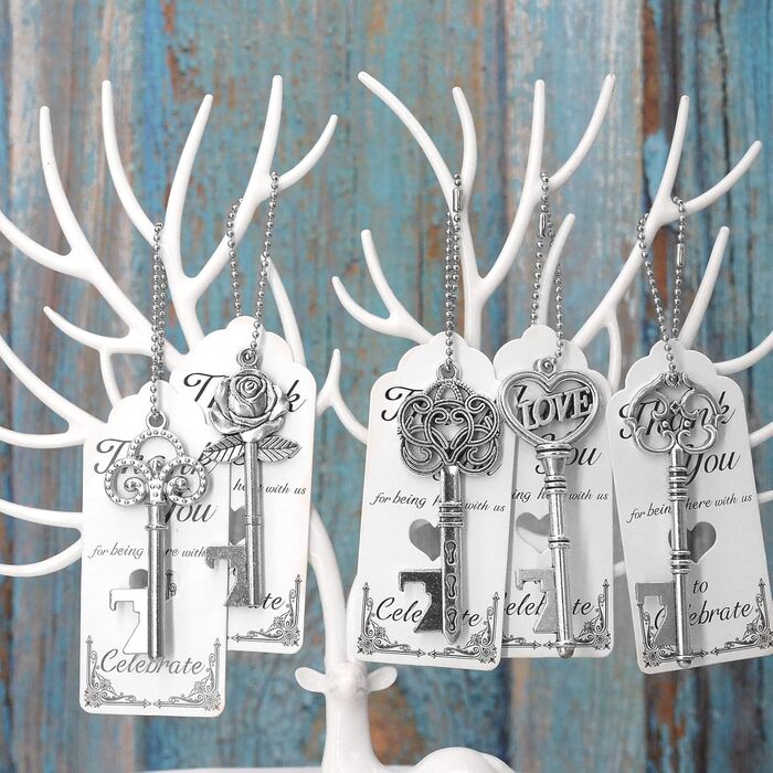 Aokbean Vintage Bottle Opener 100pcs Skeleton Wedding Gifts Guest Memorial Favor Set with Thank You Card and Chain for Wedding Birthday Baptism Party Gifts (Antique Silver)
