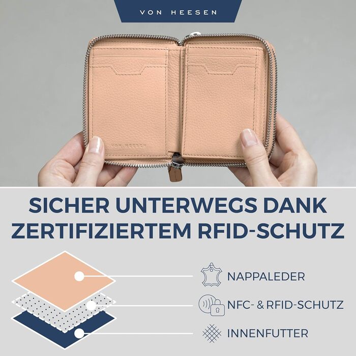 VON HEESEN Leather Wallet with RFID Blocker - Wallet for Women & Men made of Genuine Leather - Wallet with Coin Pocket - Purse for Women and Men in Rose