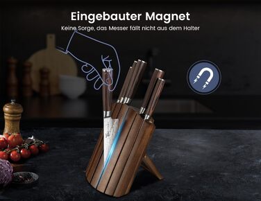 Набір кухонних ножів Messerset 7 предметів у японському стилі з магнітним блоком з акації, сталь карбонова, ергономічна ручка