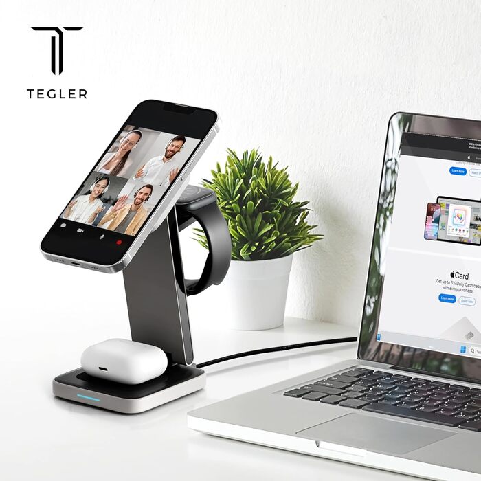 Зарядний пристрій 3-в-1 MagSafe Tegler – з високоякісного алюмінію – бездротова зарядка для iPhone, Apple Watch та AirPods, складаний, зарядний стан для Apple Watch та iPhone, з адаптером 20W та USB-C кабелем, чорний