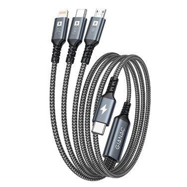 Кабель USB-C на 3 роз'єми 100W (1.2м) з E-Mark чіпом для Galaxy, iPad, MacBook, iPhone (сірий)