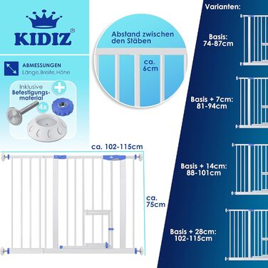 Захисне ворота KIDIZ для дітей з люком для котів, без свердління | Захист від падіння, поворотне, біле | Ширина: 102-115 см, блакитне