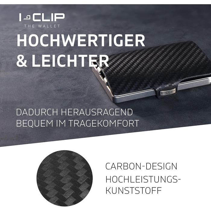 Оригінальний міні-портмоне I-CLIP з кліпсою для грошей - тонкий гаманець з ефектом карбону та чорною рамою (срібна рама)