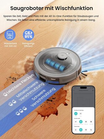 Робот-пилосос LEFANT M2 Pro з автоматичною системою викачування пилу, лазерною навігацією та картографією, індивідуальним налаштуванням, уникненням перешкод, ідеальний для видалення шерсті тварин. Білий/Сірий