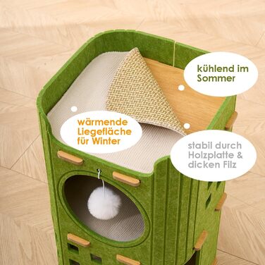 Котяча кігтеточка преміум-класу з 4 ярусами та 3 будиночками, філц, 90 см, зелена